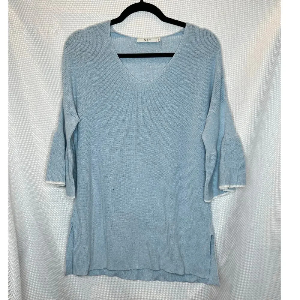 Womens Ost V-Neck Pullover Sweater‎ Bell Sleeve Light Blue Mature Modest SIZe XL